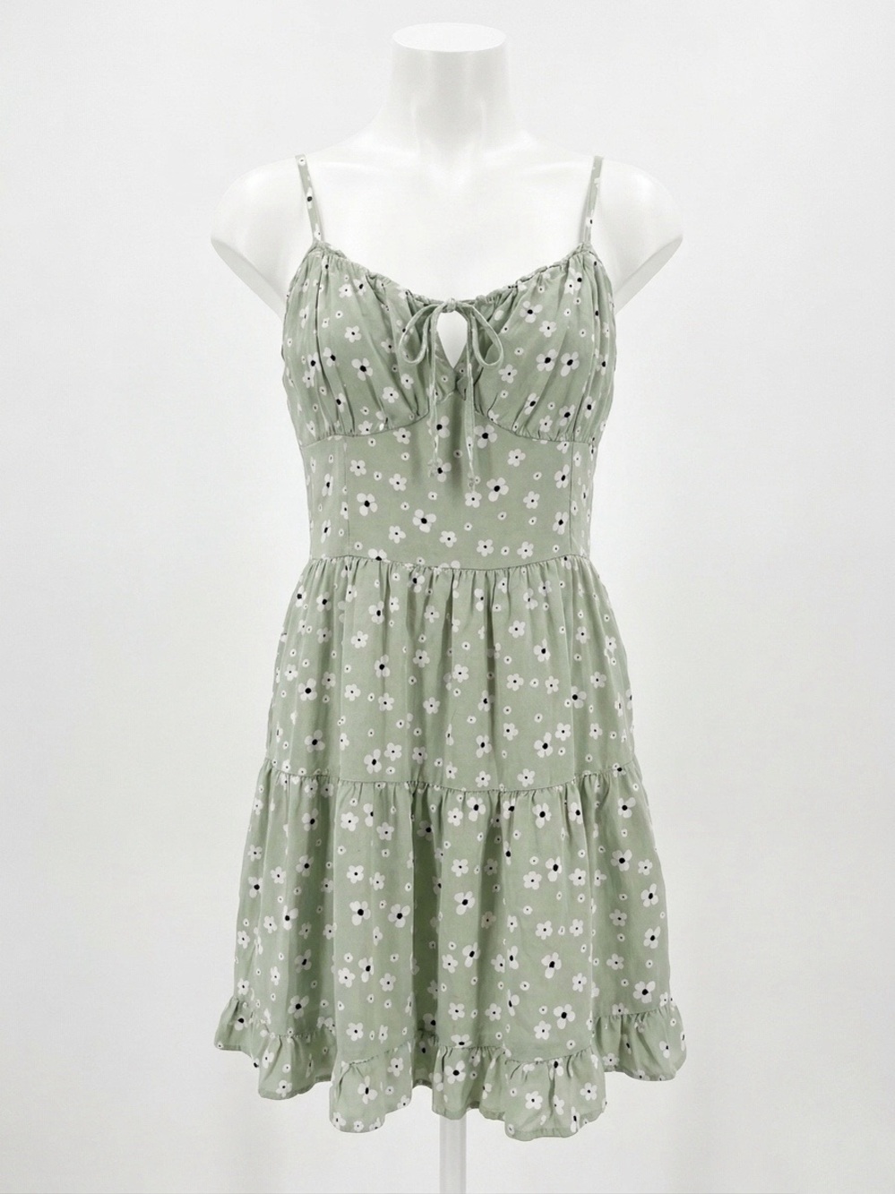 Hollister Sage Green Floral Boho Tie-Front Mini Dress Size Large